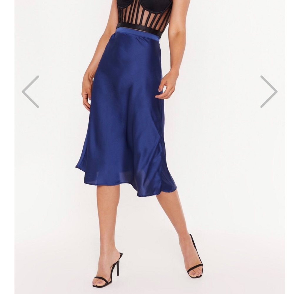 Blue Satin Midi Skirt